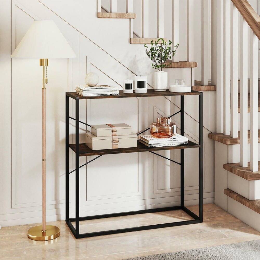 Left. Kadyn - 36" 2-Tier Entryway Console Table with Wooden Open Shelves & Metal Frame, Rustic Brown - Brown.