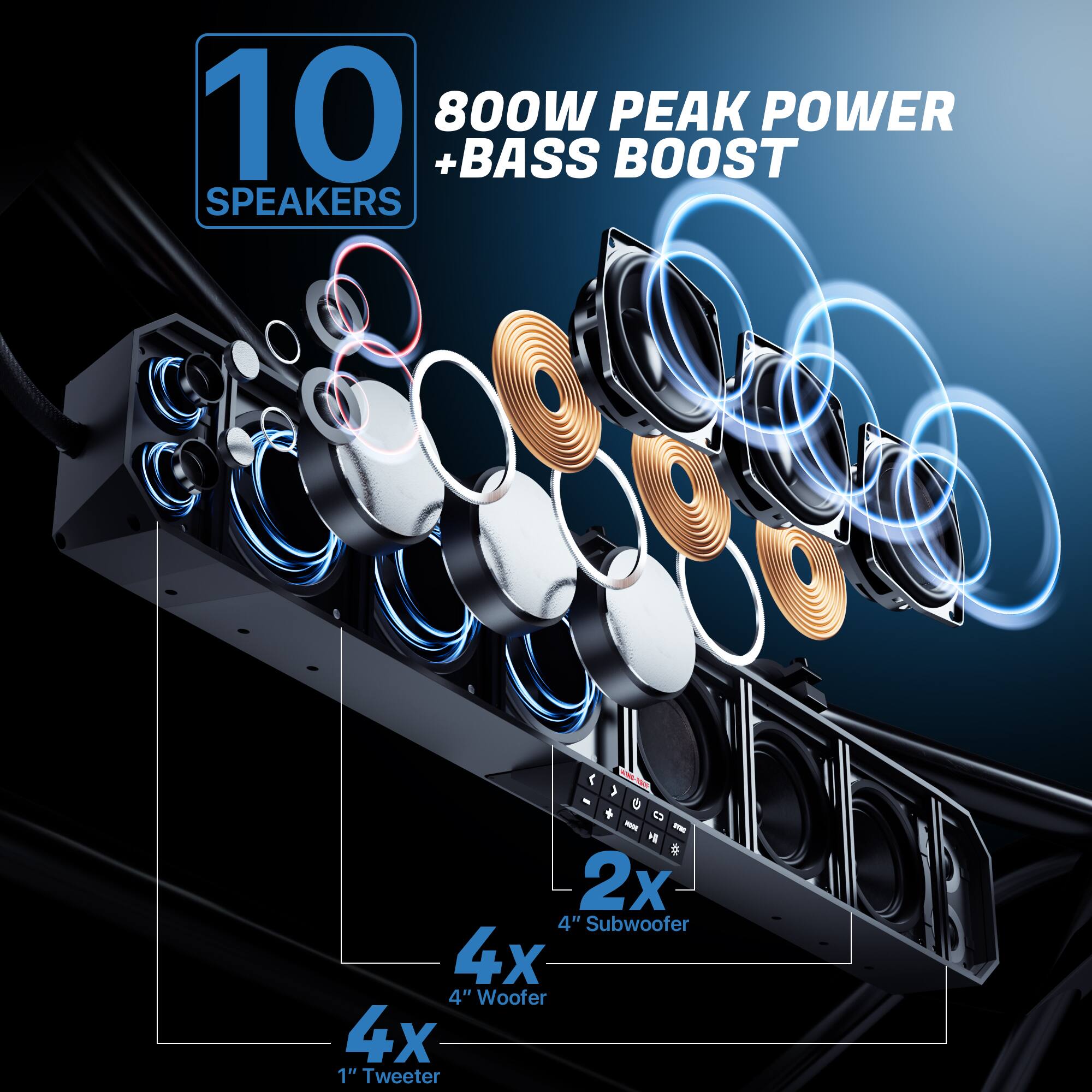 10 800W Peak Power + Bass Boost Speakers  
- 2x 4" Subwoofer  
- 4x 4" Woofer  
- 4x 1" Tweeter