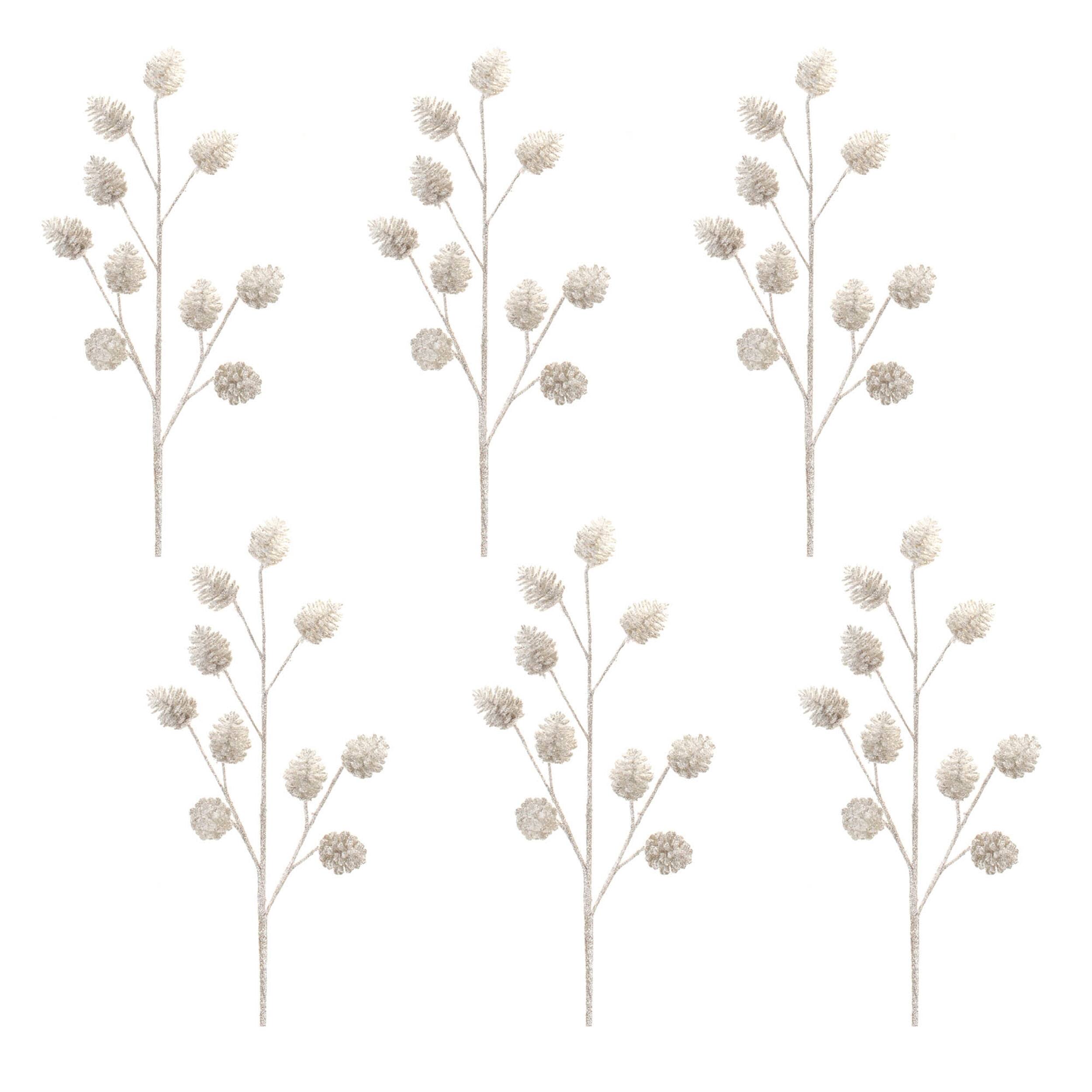 Left. BreeBe - Glittered Silver Pinecone Spray (Set of 6) - Silver, White.