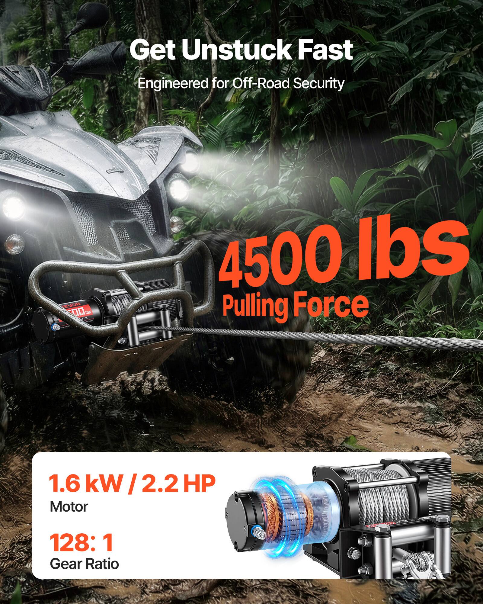Get Unstuck Fast  
Engineered for Off-Road Security  

4500 lbs Pulling Force  

1.6 kW / 2.2 HP Motor  
128:1 Gear Ratio