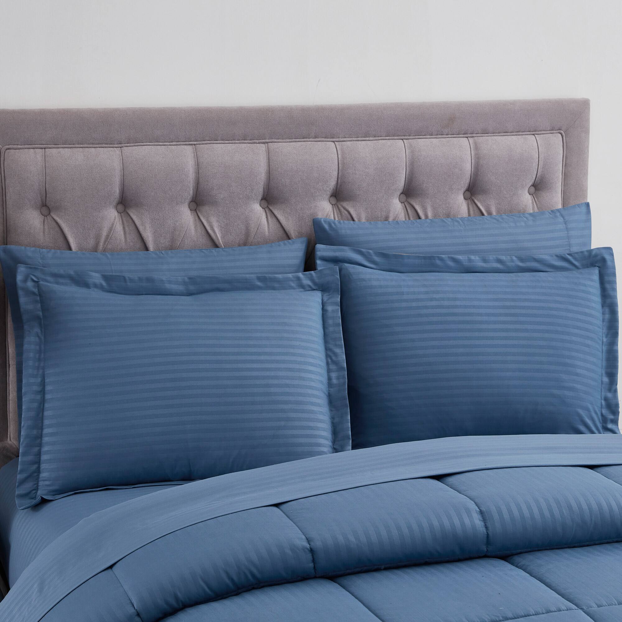Angle. Sweet Home Collection - 8 Piece Embossed Dobby Stripe Bed in a Bag All Season Complete Set with Sheets - King - Denim.