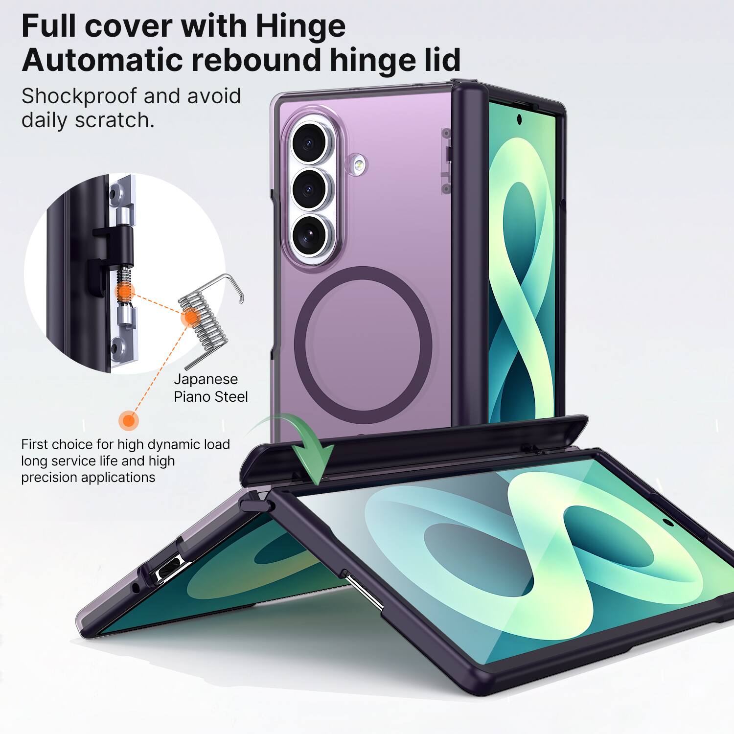 Full cover with Hinge Automatic rebound hinge lid  
Shockproof and avoid daily scratch.  

Japanese Piano Steel  
First choice for high dynamic load long service life and high precision applications