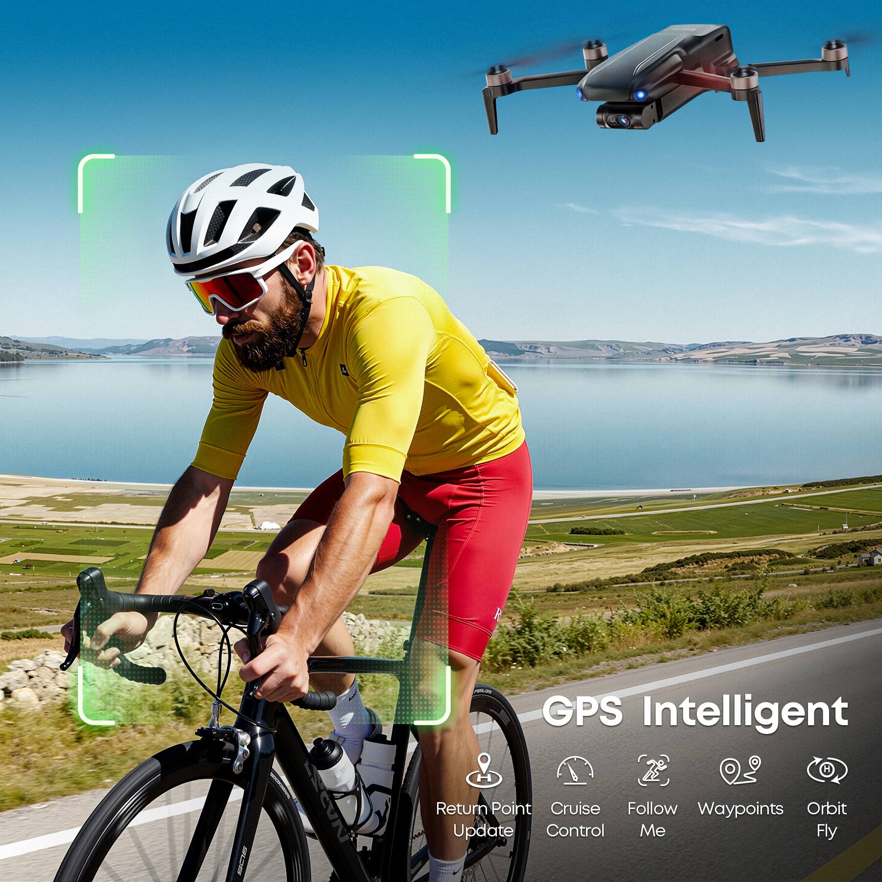 GPS Intelligent  
- Return Point Update  
- Cruise Control  
- Follow Me  
- Waypoints  
- Orbit Fly
