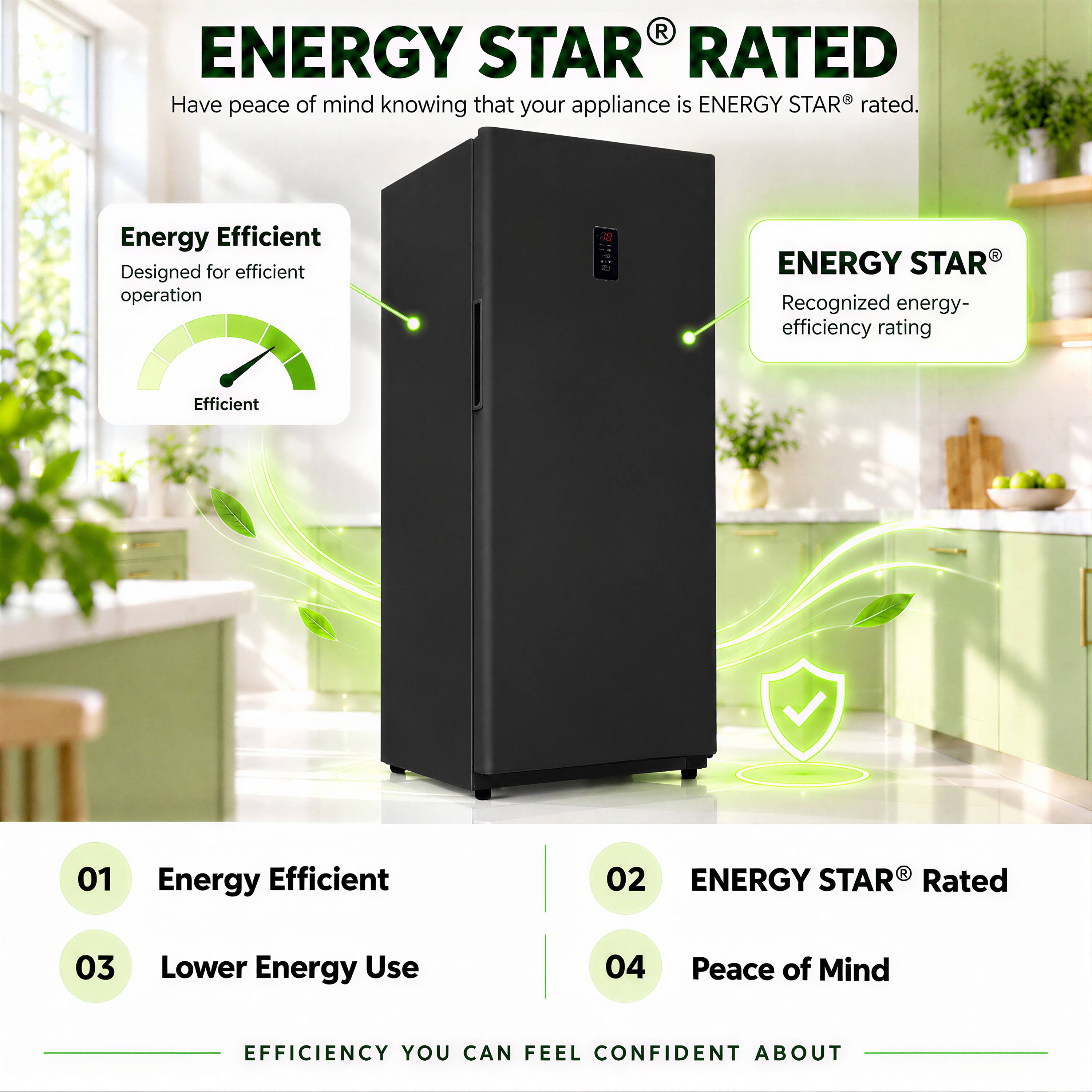 ENERGY STAR® RATED  
Have peace of mind knowing that your appliance is ENERGY STAR® rated.

Energy Efficient  
Designed for efficient operation  
Efficient

ENERGY STAR®  
Recognized energy-efficiency rating

01 Energy Efficient  
02 ENERGY STAR® Rated  
03 Lower Energy Use  
04 Peace of Mind

EFFICIENCY YOU CAN FEEL CONFIDENT ABOUT