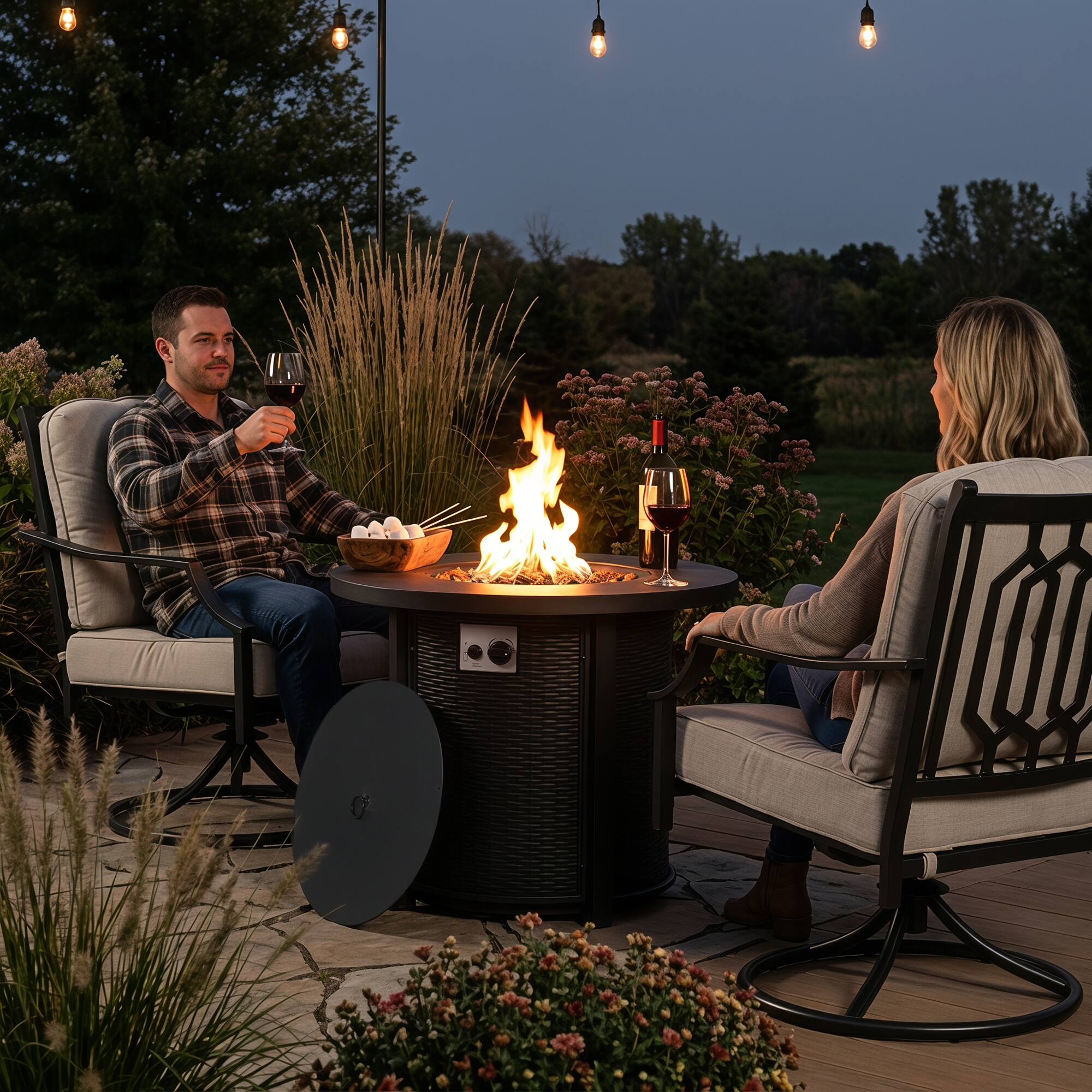 Back. Nuu Garden - 3-Piece Outdoor Fire Pit Set with 2 Swivel Sofas, CSA Certified - Black and Gray.