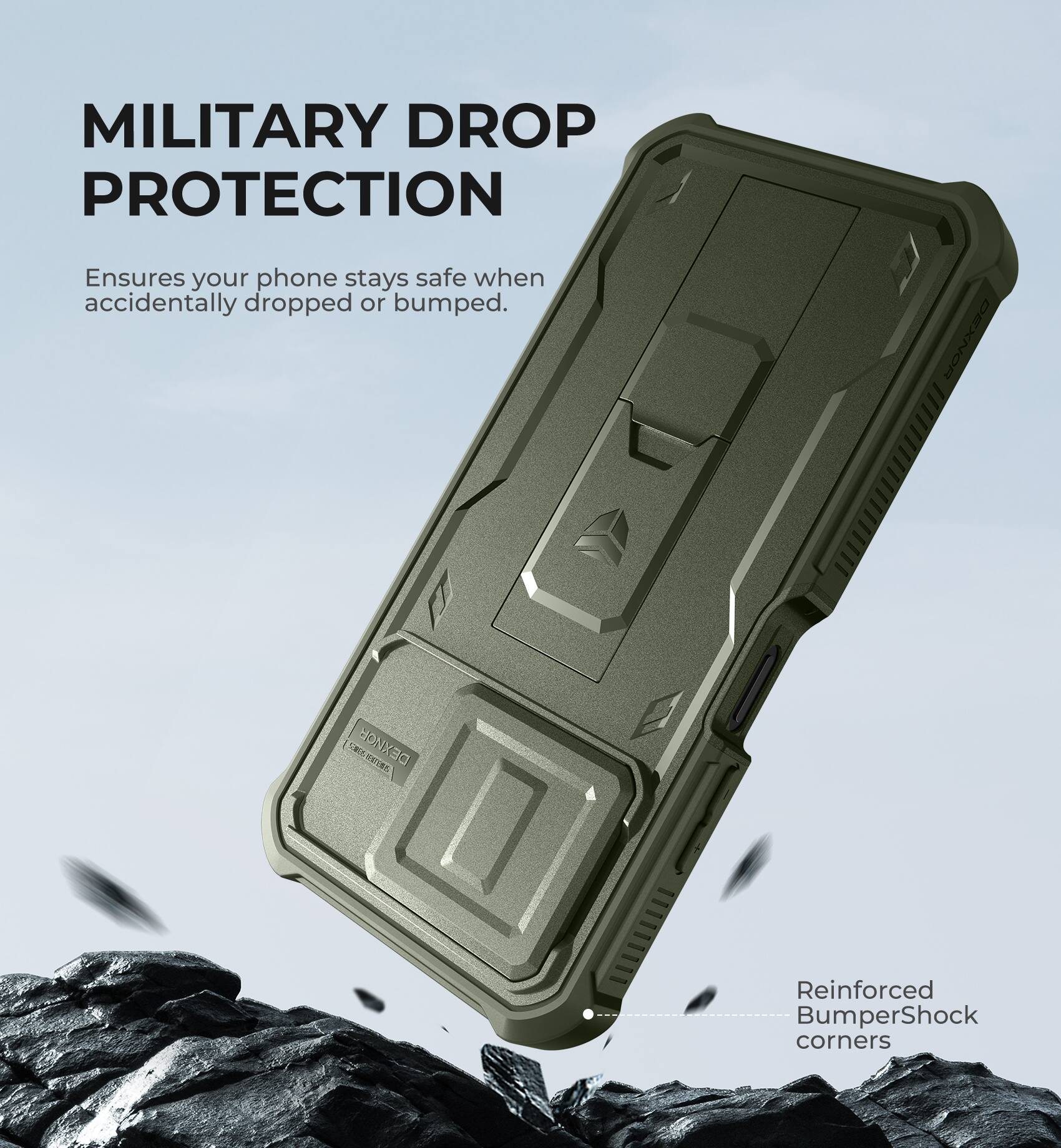 MILITARY DROP PROTECTION  
Ensures your phone stays safe when accidentally dropped or bumped.  

Reinforced BumperShock corners