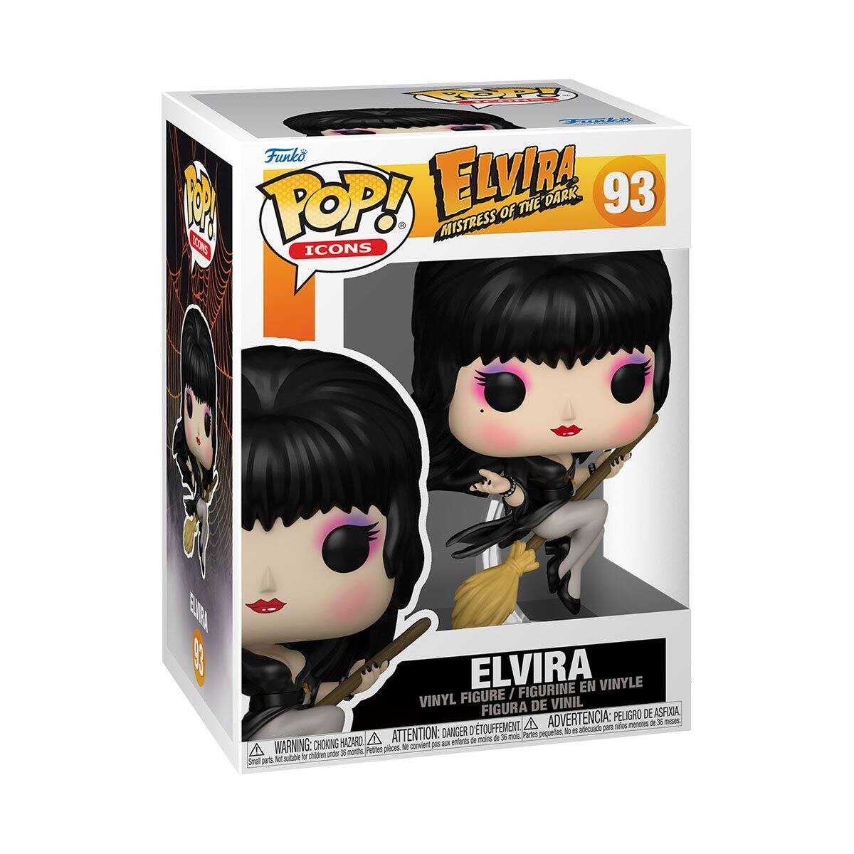 Funko  
POP!  
ICONS  

ELVIRA  
MISTRESS OF THE DARK  
93  

VINYL FIGURE / FIGURINE EN VINYLE / FIGURA DE VINIL  

WARNING: CHOKING HAZARD.  
ATTENTION: PELIGRO DE ASFIXIA.  
ADVERTENCIA: DANGER DE SOUFFLEMENT.  
ATTENTION: DANGER DE SOUFFLEMENT.  

Small parts. Not for children under 3 years.  
Petits pièces. Ne convient pas aux enfants de moins de 3 ans.  
Pequeñas piezas. No apto para menores de 3 años.  
Pequeñas piezas. No apto para menores de 3 años.