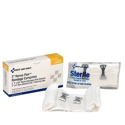 **First Aid Only**
**3" Hema-Flex™ Bandage Compress with Attached Sterile Bandages and Fastening Clips**
- 2 x 3" x 60" Non-Adherent Pad
- 2 x 3" x 6" Non-Adherent Pad
- 2-005 BANDAGES
**Sterile**
**Unless Package Opened or Torn**
**PEEL APART AT END TO OPEN**
