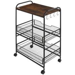 Homcom - Tier Kitchen Cart with Storage, Rolling Kitchen Island Cart with 2 Sliding Fruit Basket and Side Hooks for Dining Room - Rustic Brown