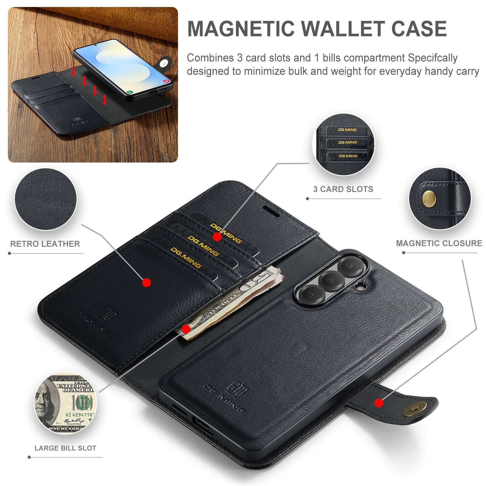 MAGNETIC WALLET CASE  
Combines 3 card slots and 1 bills compartment  
Specifically designed to minimize bulk and weight for everyday handy carry  

- 3 CARD SLOTS  
- RETRO LEATHER  
- MAGNETIC CLOSURE  
- LARGE BILL SLOT