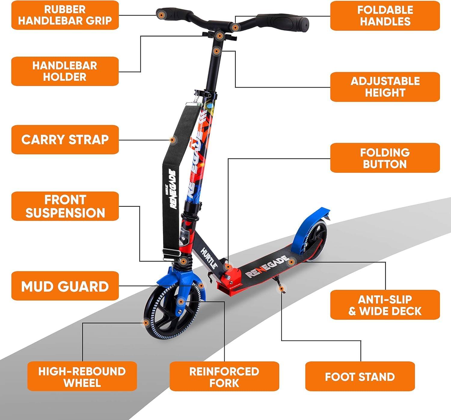 - Rubber Handlebar Grip
- Handlebar Holder
- Carry Strap
- Front Suspension
- Mud Guard
- Foldable Handles
- Adjustable Height
- Folding Button
- High-Rebound Wheel
- Reinforced Fork
- Anti-Slip & Wide Deck
- Foot Stand