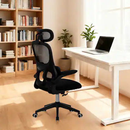 Front. HTUTWOO - High Back Ergonomic Mesh Office Chair, 3D Headrest Lumbar Support with Tilt Function, for Home Office & Task Work - Black.
