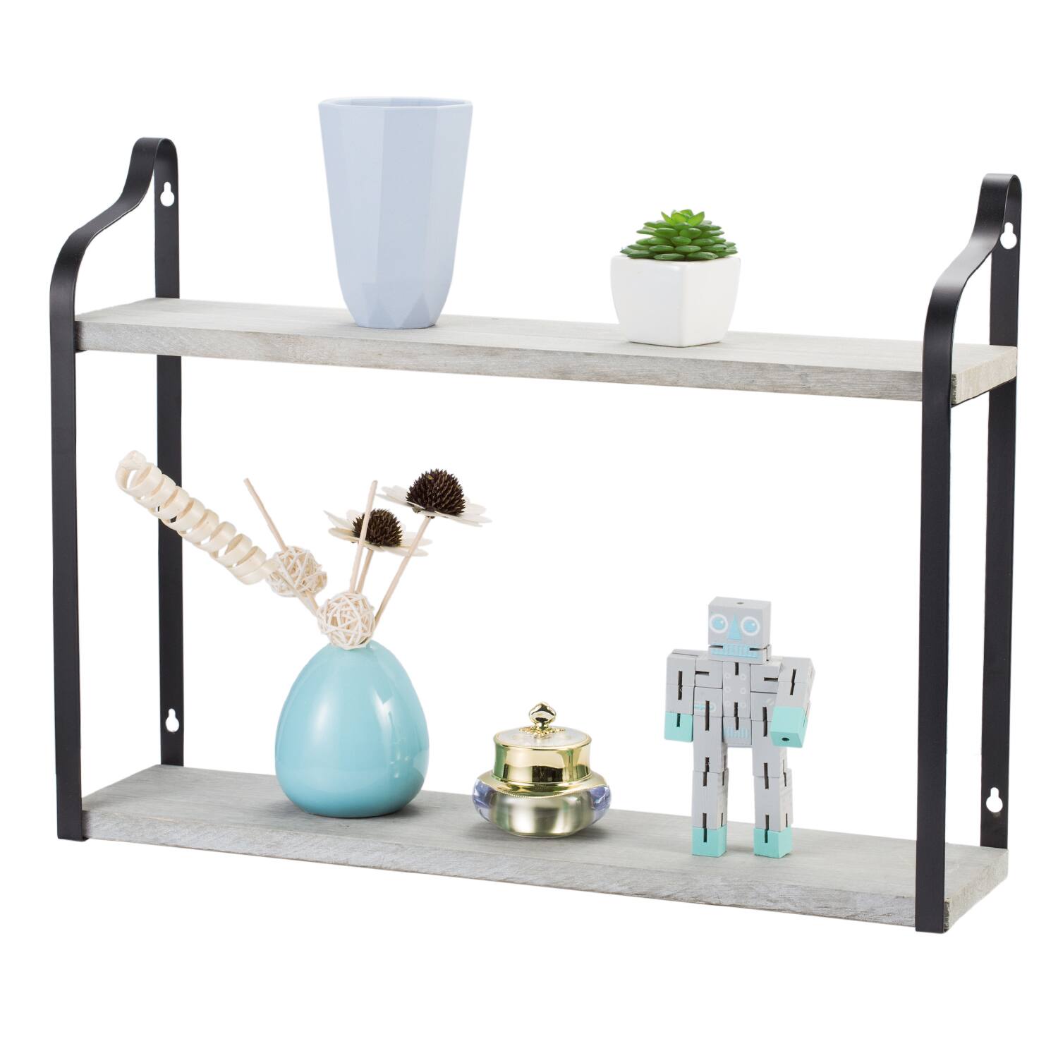 Front. Oumilen - 2-Tier Floating Wall Shelves – Whitewashed Wood & Black Metal Display Storage Rack for Bathroom Kitchen - Whitewashed.