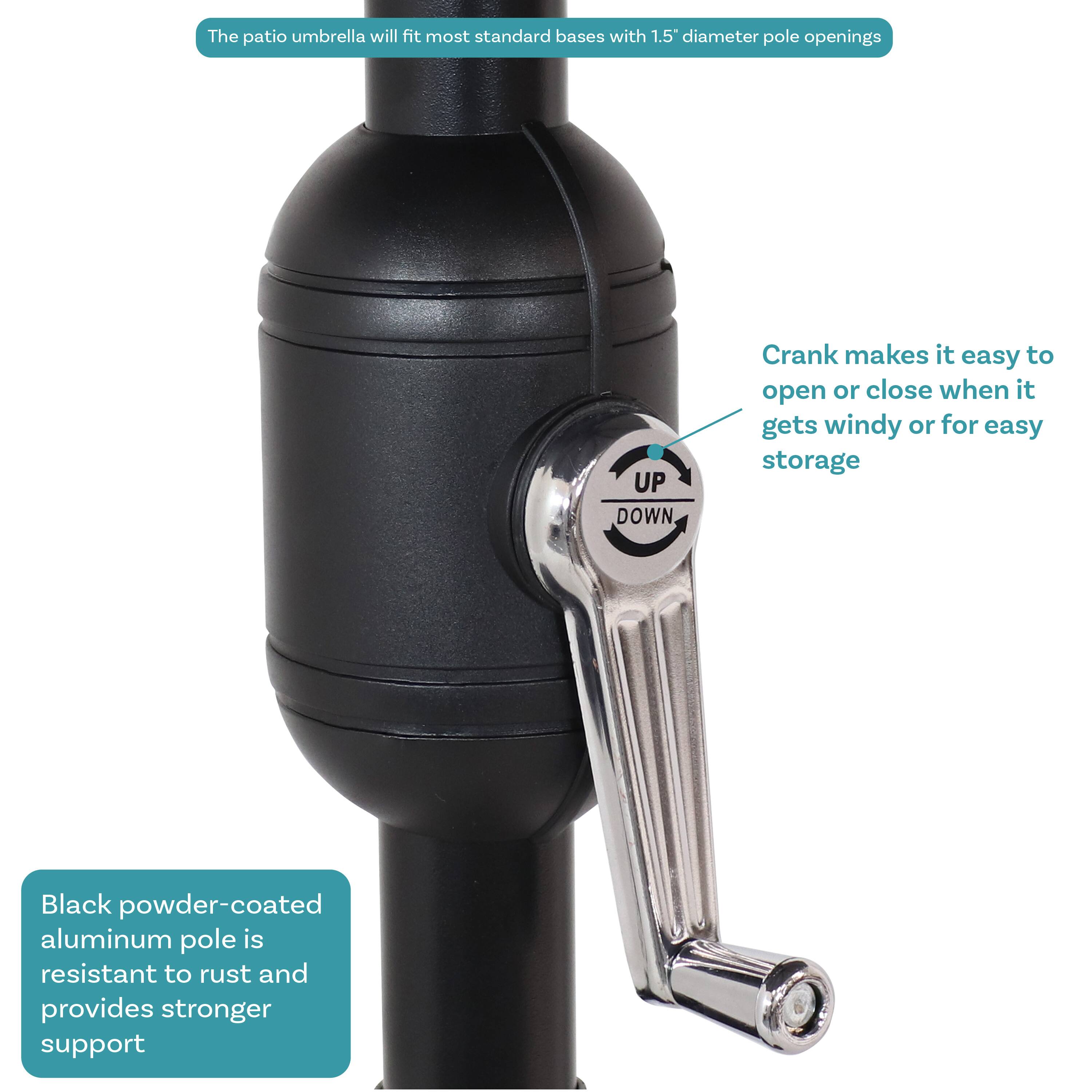 The patio umbrella will fit most standard bases with 1.5" diameter pole openings.

Crank makes it easy to open or close when it gets windy or for easy storage.

Black powder-coated aluminum pole is resistant to rust and provides stronger support.