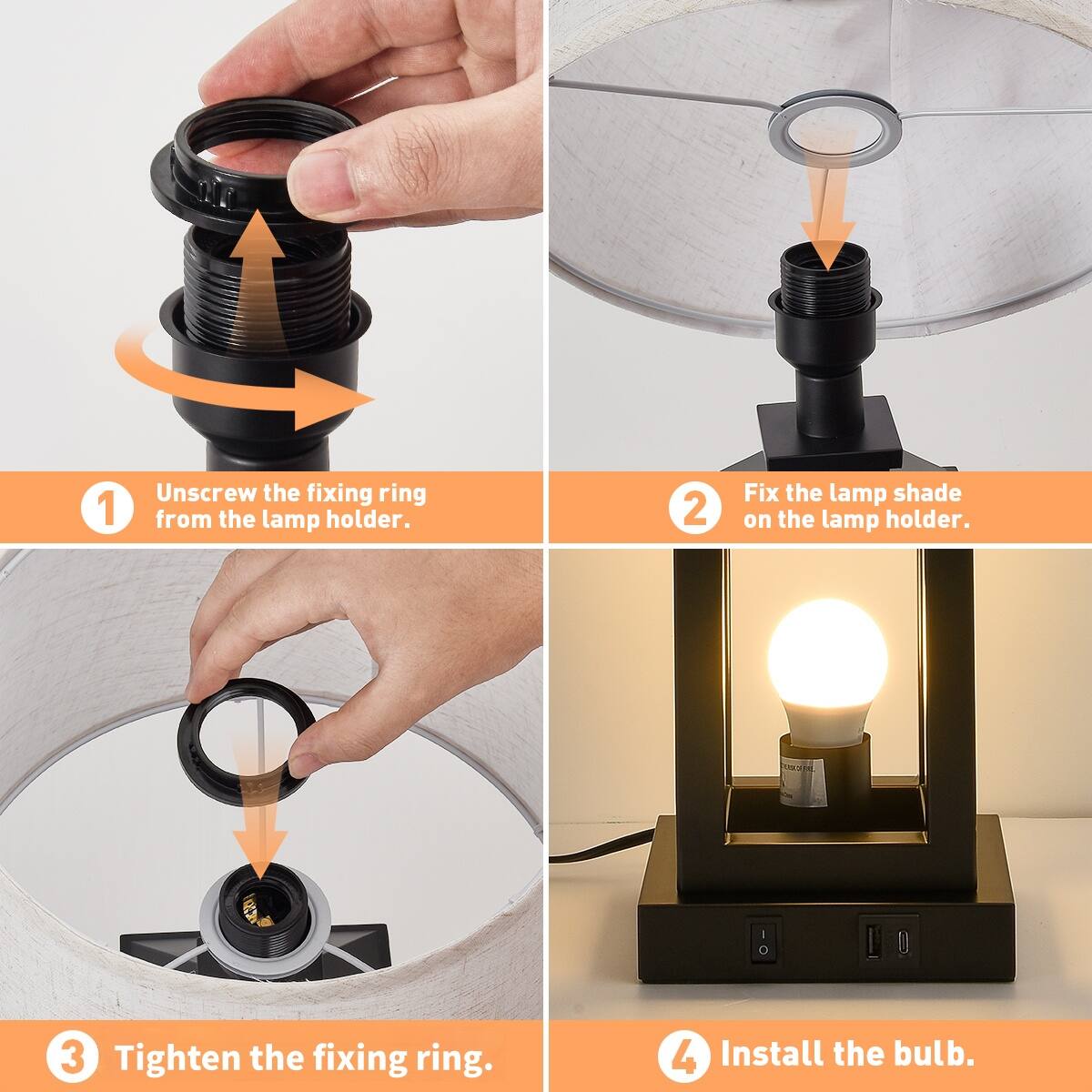 1. Unscrew the fixing ring from the lamp holder.
2. Fix the lamp shade on the lamp holder.
3. Tighten the fixing ring.
4. Install the bulb.