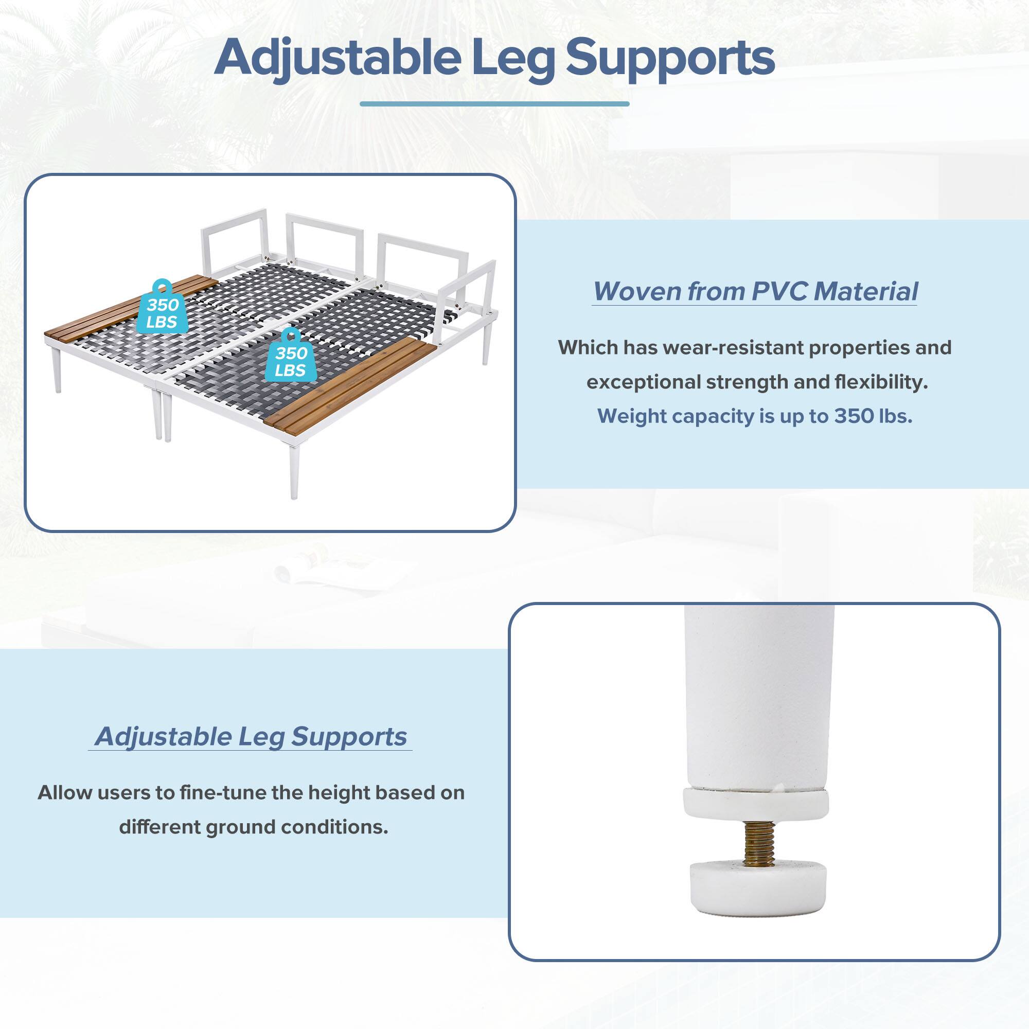 Adjustable Leg Supports

Woven from PVC Material
Which has wear-resistant properties and exceptional strength and flexibility. Weight capacity is up to 350 lbs.

Adjustable Leg Supports
Allow users to fine-tune the height based on different ground conditions.