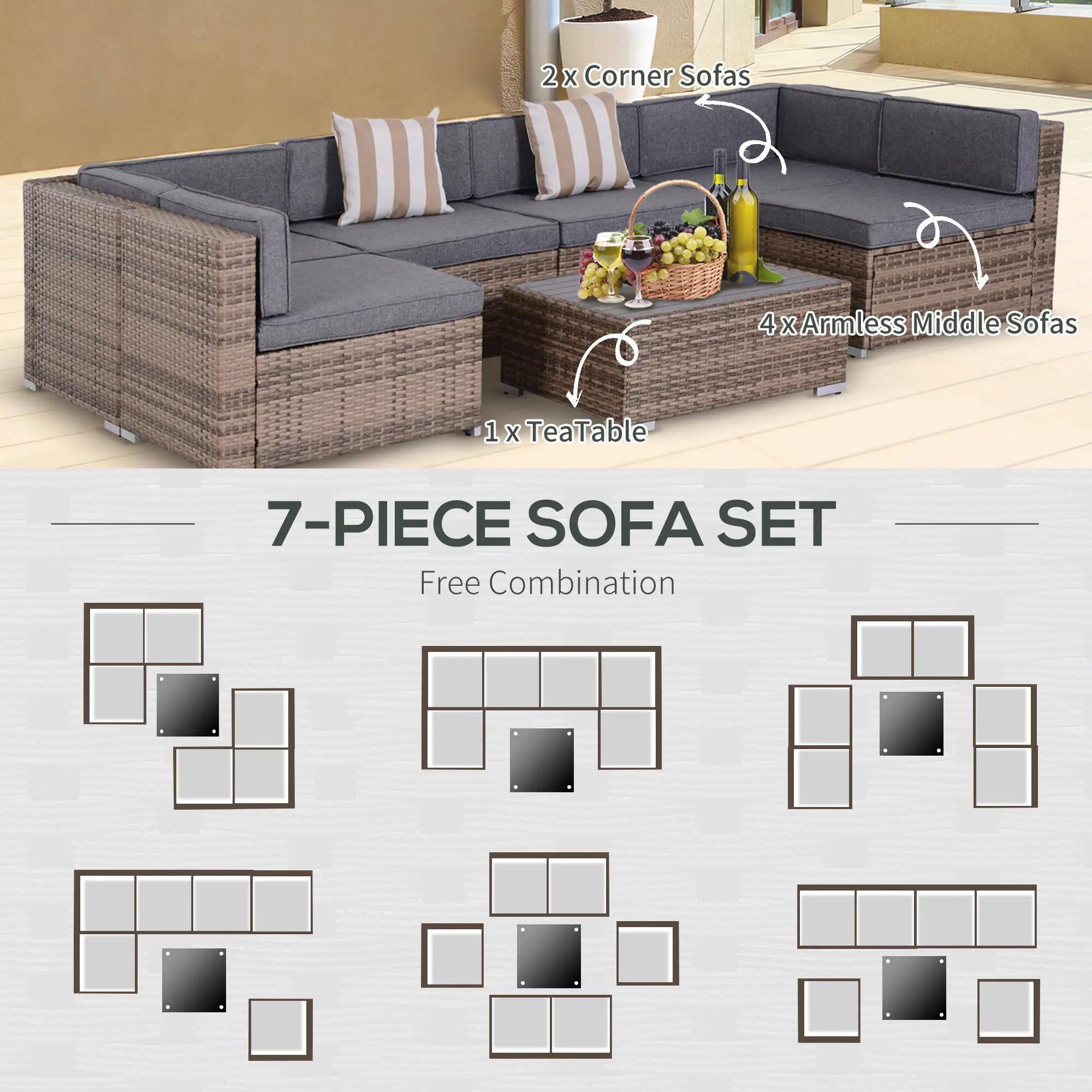 2x Corner Sofas, 4 x Armless Middle Sofas, 1 X TeaTable, 7-PIECE SOFA SET, Free Combination