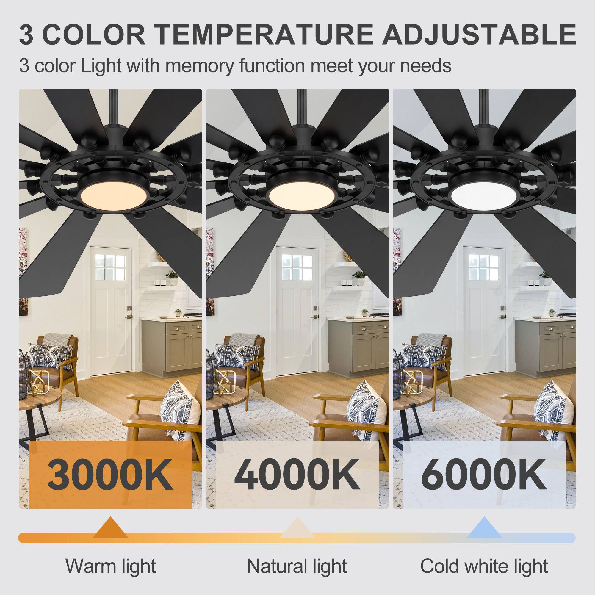 3 COLOR TEMPERATURE ADJUSTABLE  
3 color Light with memory function meet your needs  

3000K  
Warm light  

4000K  
Natural light  

6000K  
Cold white light