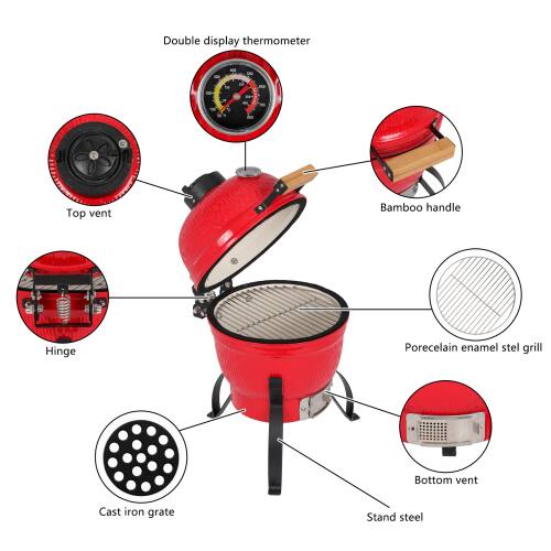 Double display thermometer  
Top vent  
Bamboo handle  
Hinge  
Porcelain enamel steel grill  
Bottom vent  
Cast iron grate  
Stand steel
