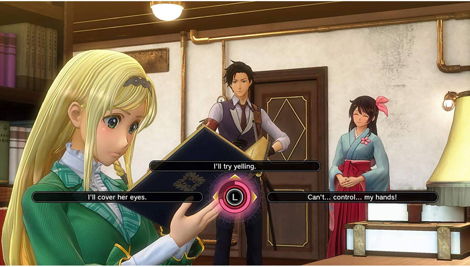 I'll try yelling. I'll cover her eyes. Can't... control... my hands!