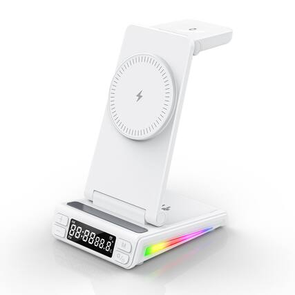 Front. YONWAY - 5 in 1 Wireless Charging with Clock, Temperature and Night Light, Multi-Device Dock for iPhone, Airpods, Apple Watch - White.