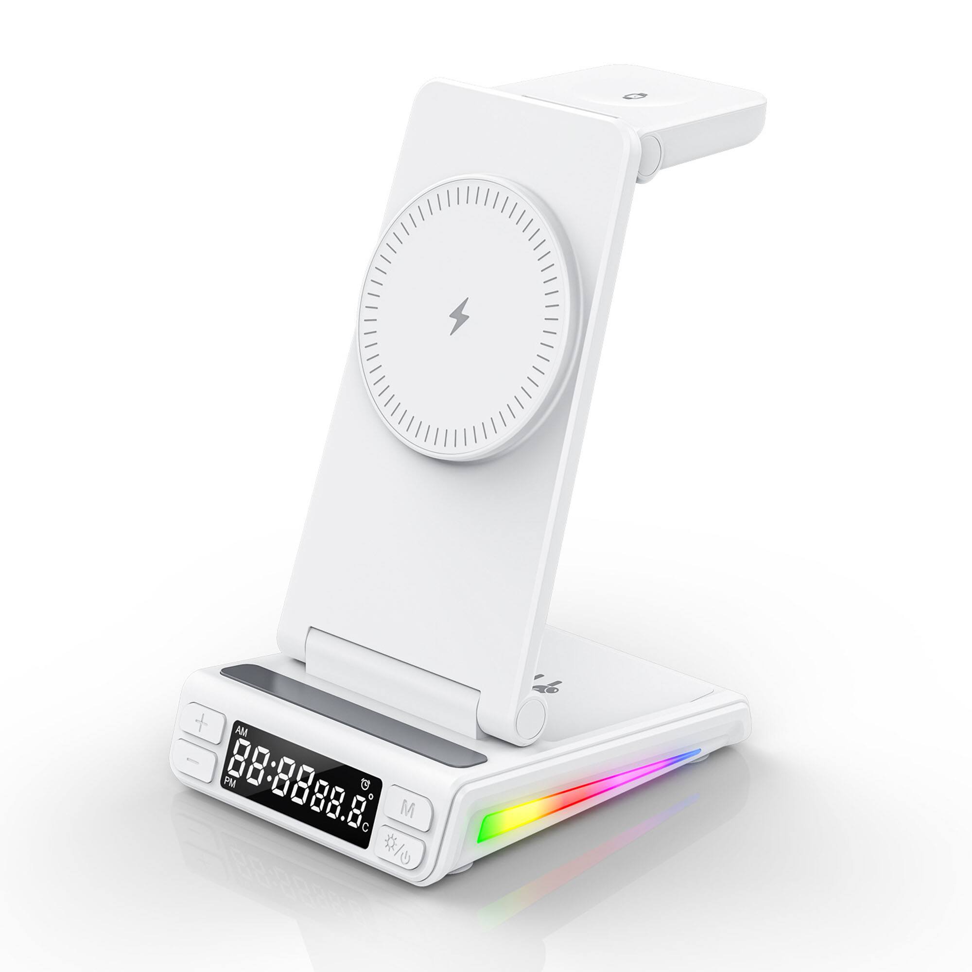 Front. YONWAY - 5 in 1 Wireless Charging with Clock, Temperature and Night Light, Multi-Device Dock for iPhone, Airpods, Apple Watch - White.