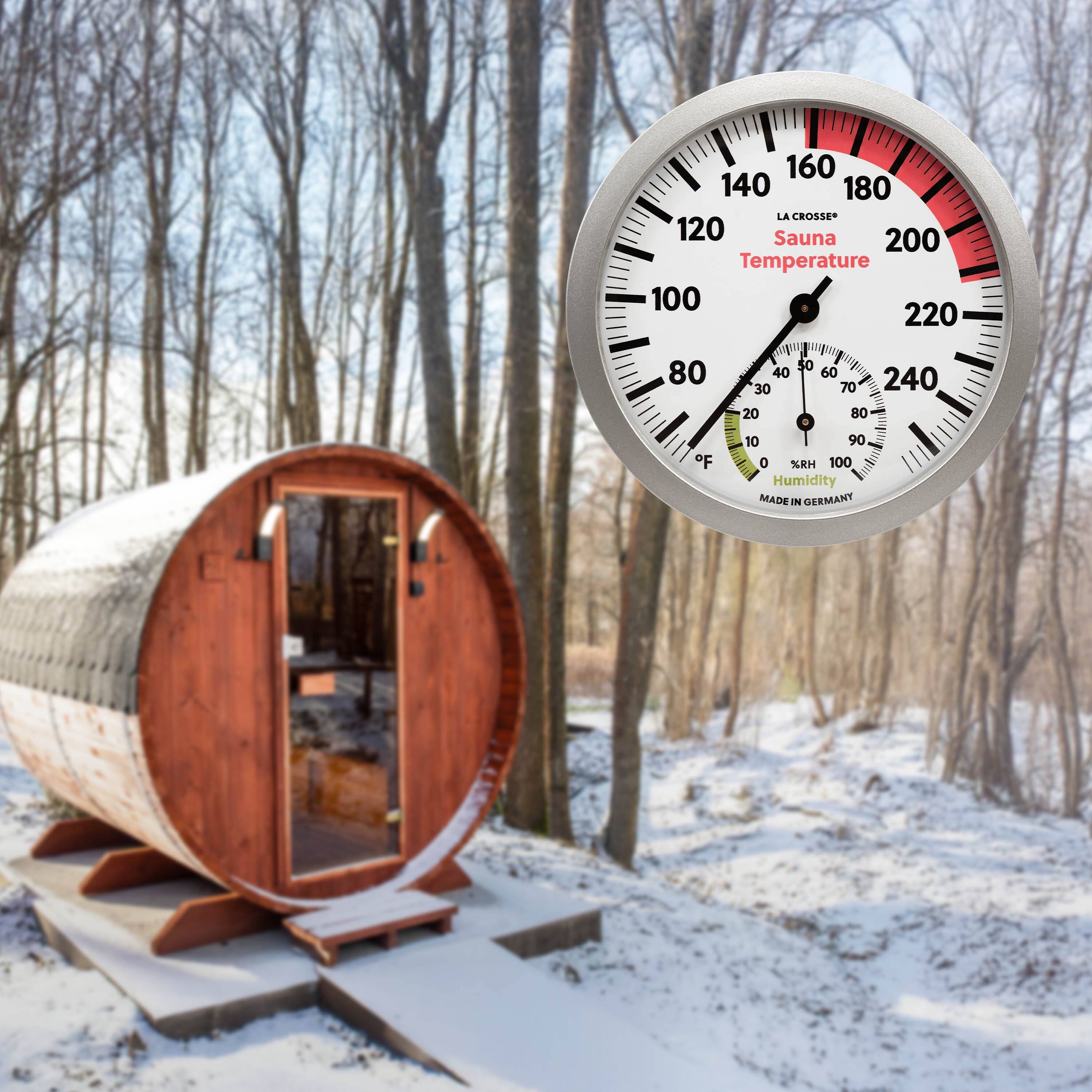160 140 180 LA CROSSE Sauna Temperature 120 200 100 220 80 F 40 60 240 30 70 20 80 D 10 90 0 %RH 100 Humidity MADE IN GERMANY