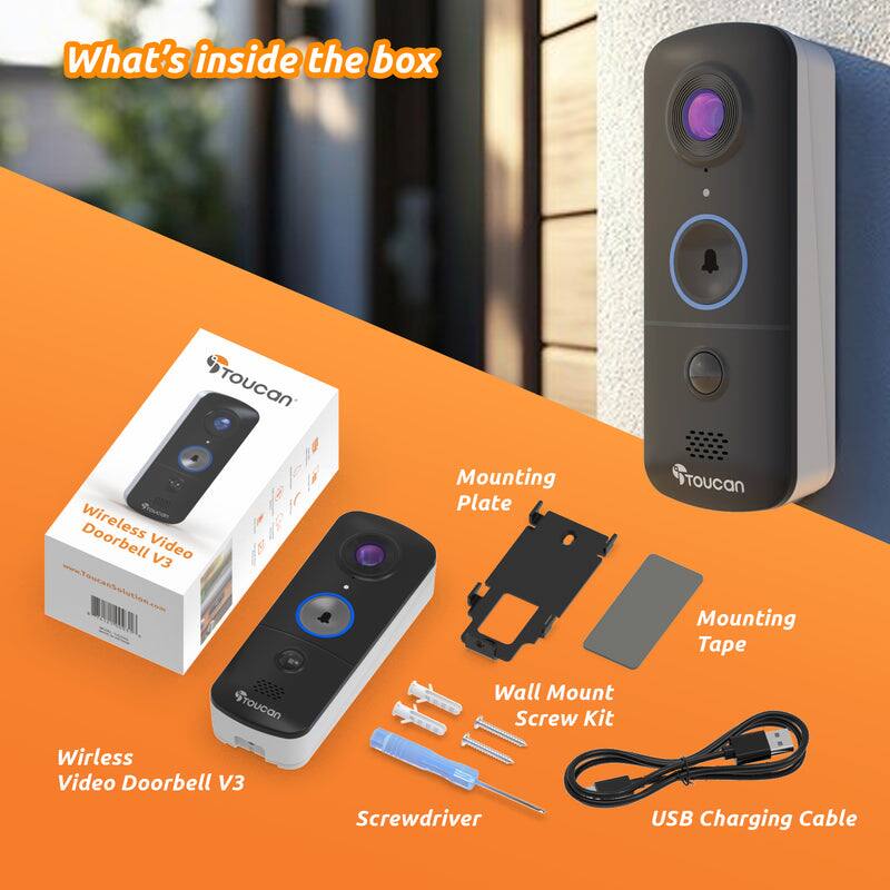 What's inside the box

- Toucan Wireless Video Doorbell V3
- Mounting Plate
- Mounting Tape
- Wall Mount Screw Kit
- Screwdriver
- USB Charging Cable