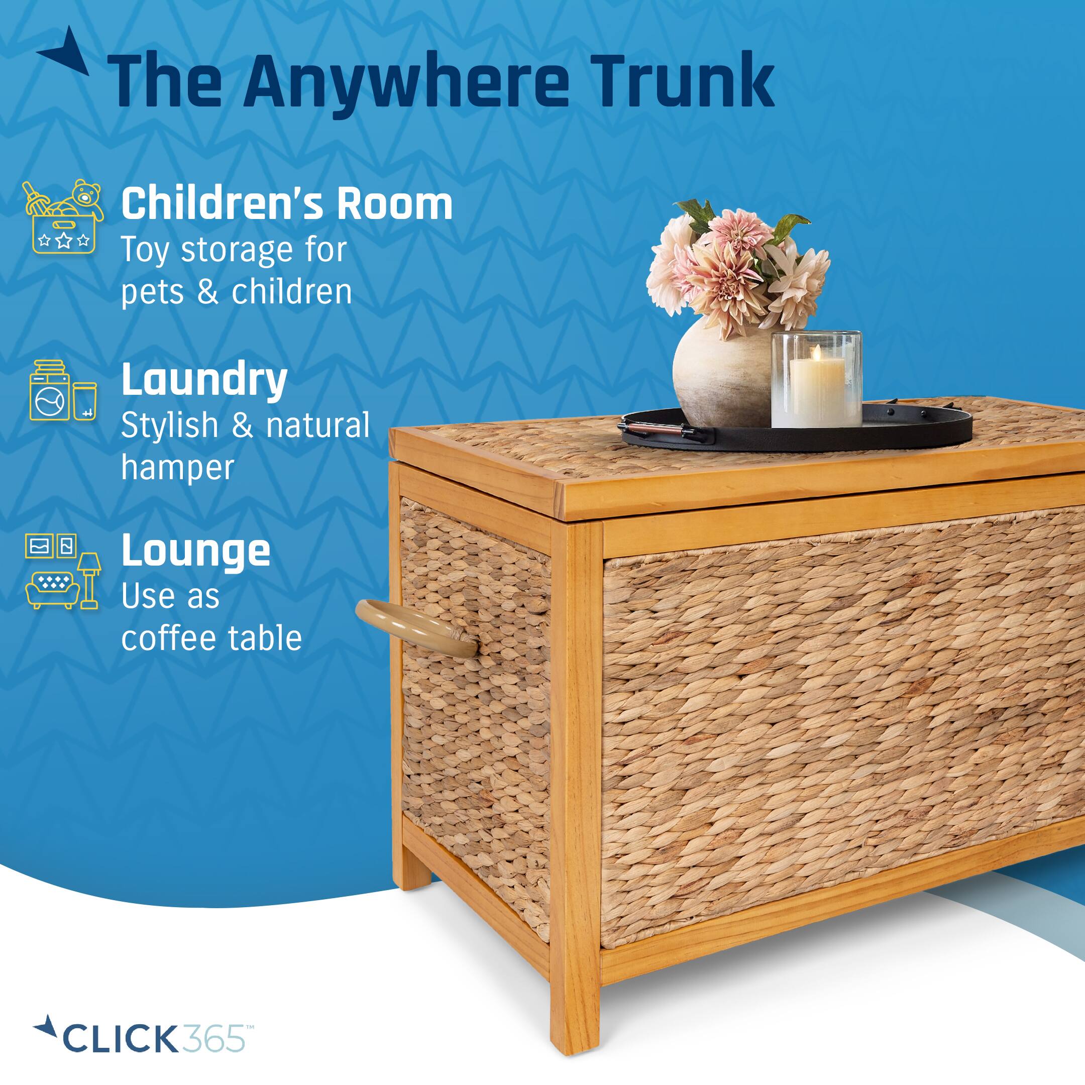 The Anywhere Trunk

Children's Room
Toy storage for pets & children

Laundry
Stylish & natural hamper

Lounge
Use as coffee table

CLICK365