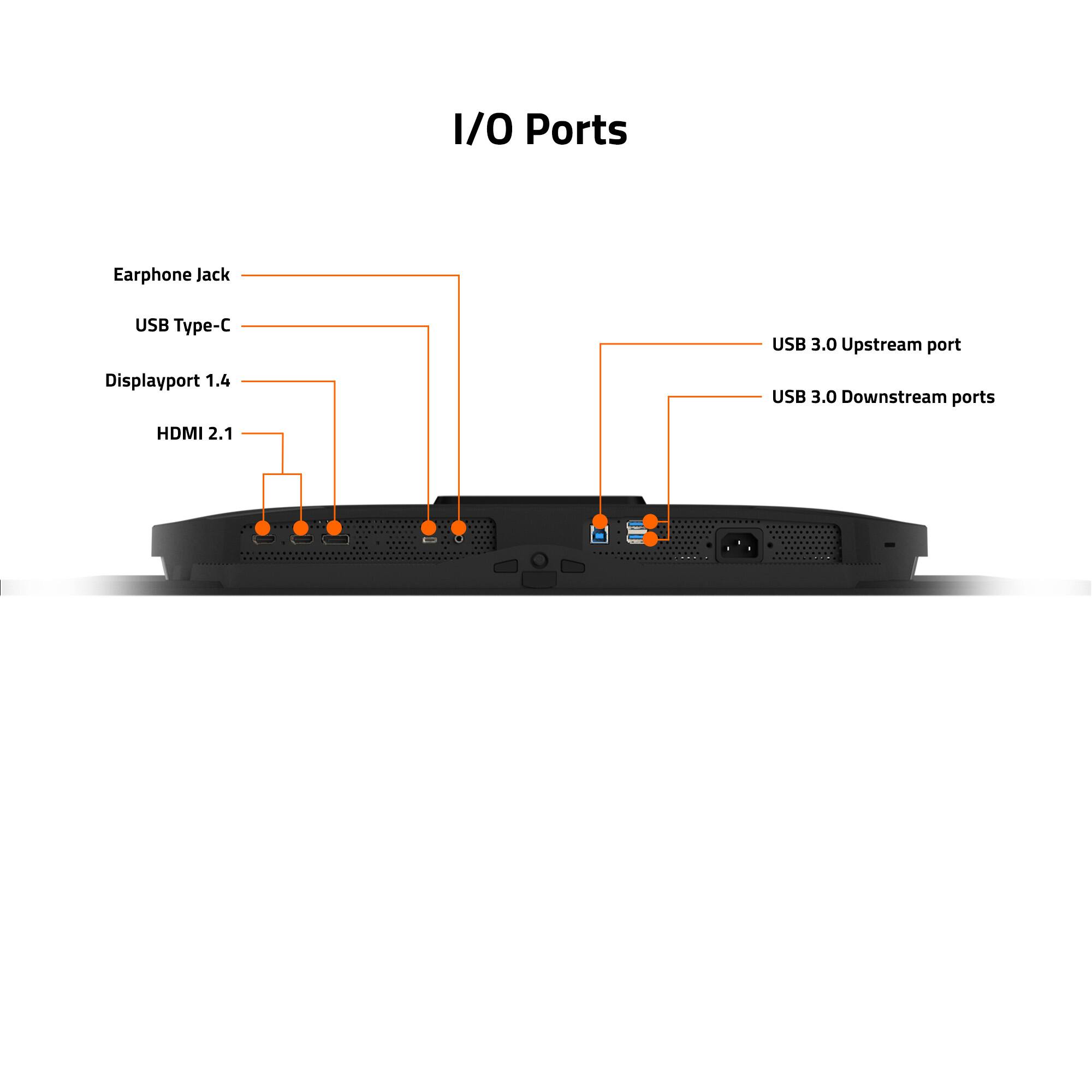 I/O Ports  
- Earphone Jack  
- USB Type-C  
- Displayport 1.4  
- HDMI 2.1  
- USB 3.0 Upstream port  
- USB 3.0 Downstream ports