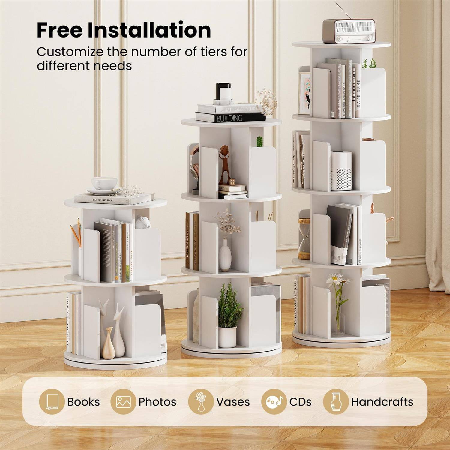 Free Installation  
Customize the number of tiers for different needs  

Books  
Photos  
Vases  
CDs  
Handcrafts