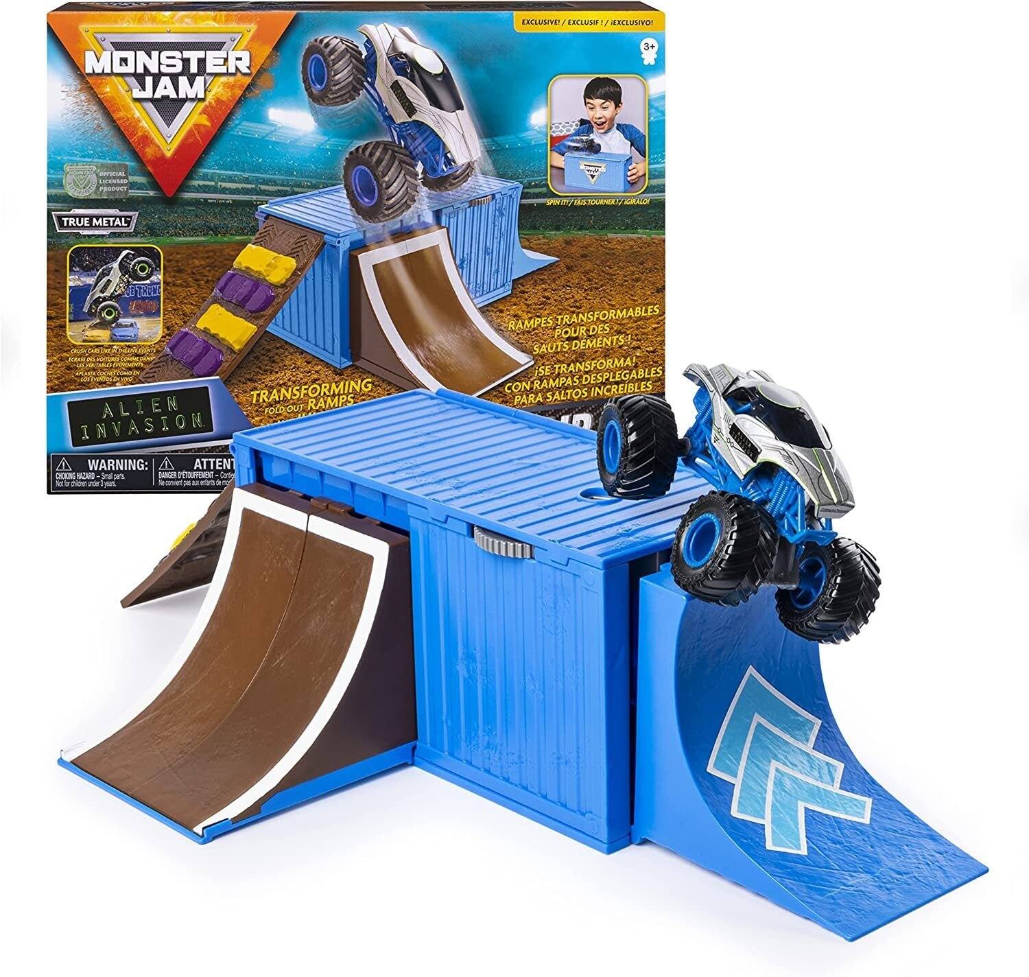 EXCLUSIVE! EXCLUSIF! EXCLUSIVO!
MONSTER JAM
3+
OFFICIAL LICENSED PRODUCT
SPIN / GUSTOURNER! GIRALOV
TRUE METAL
ALIEN INVASION
TRANSFORMING FOLD-OUT RAMPS
RAMPES TRANSFORMABLES POUR DES SAUTS DIMENTS! ISE TRANSFORMA! DESPLEGABLES CON RAMPAS INCREÍBLES PARA SALTOS
WARNING: ATTENTION CHOKING HAZARD Small parts. DANGER D'ÉTOUFFEMENT Coming NORRY for chicken - Set convient COOKS or
