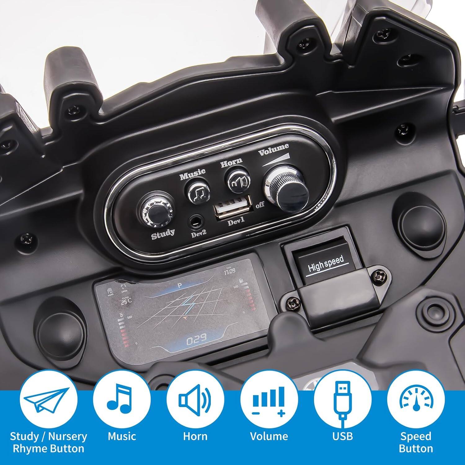 - Study / Nursery Rhyme Button
- Music
- Horn
- Volume
- USB
- Speed Button

Volume: 1 25C
Horn: 10
Music: Dev2 P T Dev1 1.09 off
Speed: High speed 029