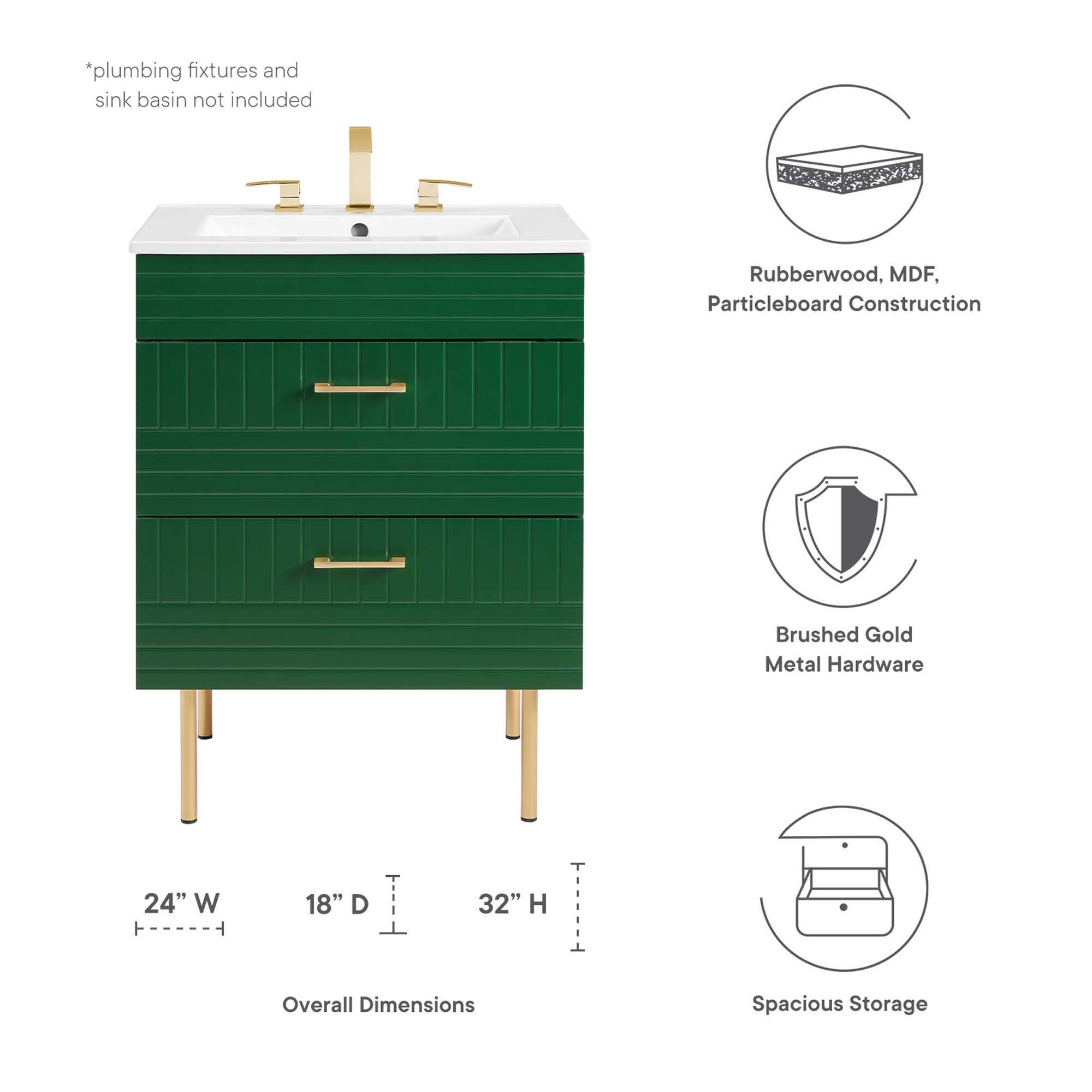 *plumbing fixtures and sink basin not included

Rubberwood, MDF, Particleboard Construction

Brushed Gold Metal Hardware

24" W x 18" D x 32" H Overall Dimensions

Spacious Storage