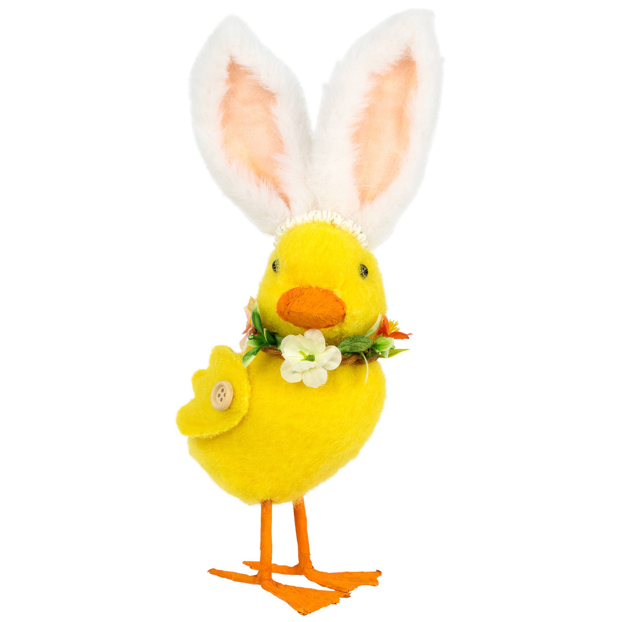Front. Northlight - Duckling with Rabbit Ears Floral Easter Figurine - 10" - Yellow - Yellow.
