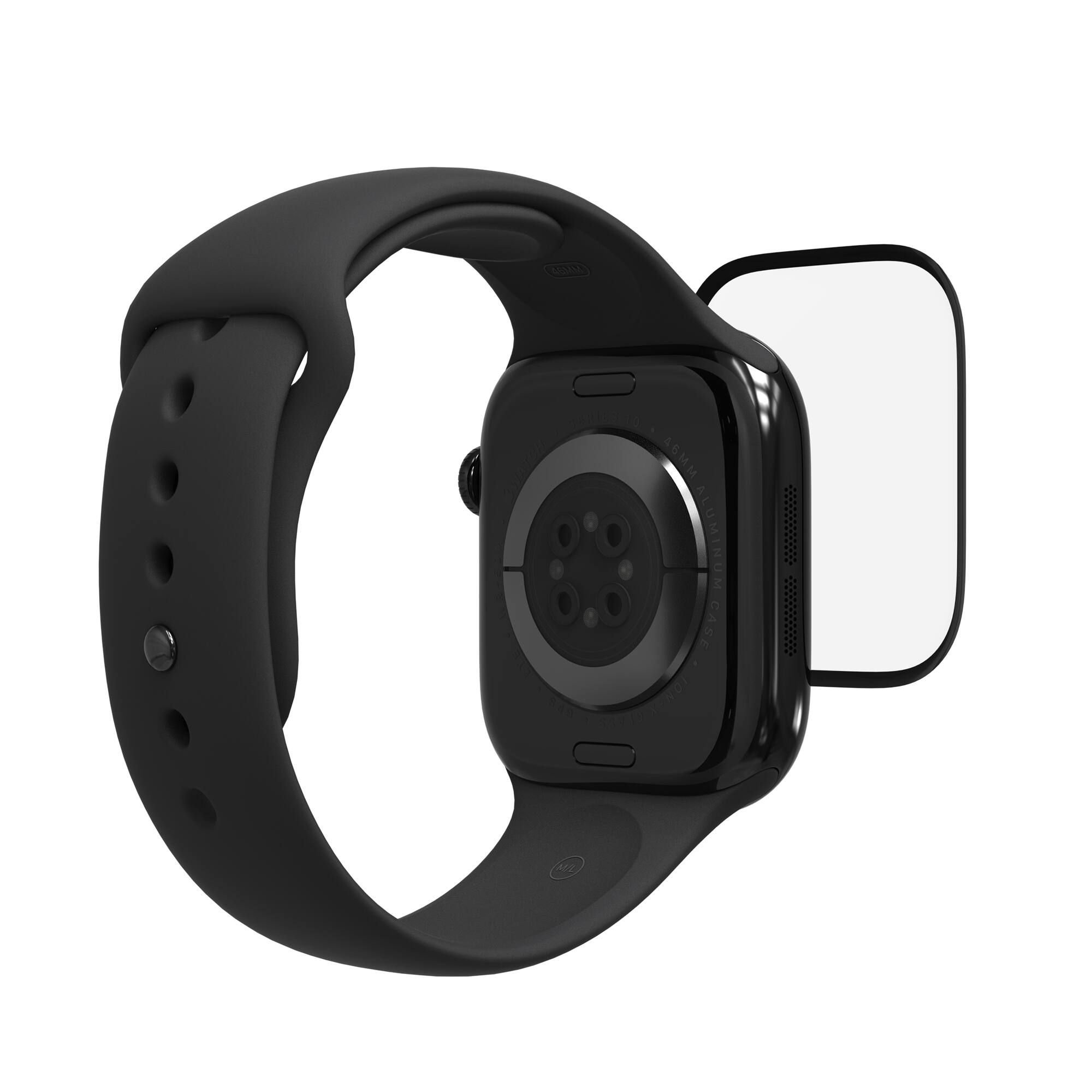 The watch is black and has a metal case. It also has a dot on the face.