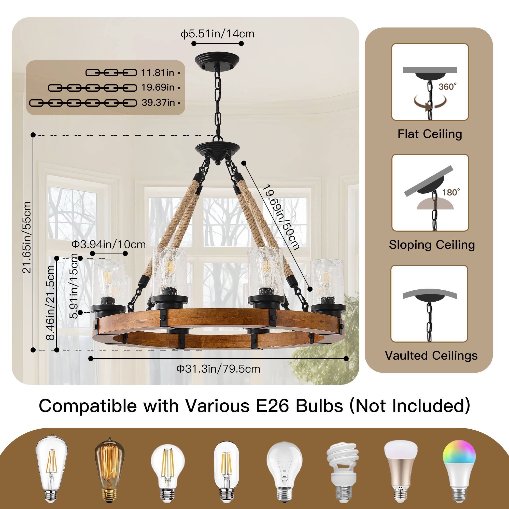Sure, here is the corrected and grouped text:

---

**Dimensions:**
- Diameter: 5.51in / 14cm
- Length: 11.81in / 30cm
- Chain Length: 19.69in / 50cm
- Overall Height: 39.37in / 100cm
- Pendant Height: 21.65in / 55cm
- Pendant Diameter: 3.94in / 10cm
- Bulb Base: 5cm
- Bulb Base: 5cm
- Bulb Base: 5.91in / 15cm
- Bulb Base: 8.46in / 21cm
- Bulb Base: 31.3in / 79.5cm

**Compatibility:**
- Flat Ceiling
- Sloping Ceiling
- Vaulted Ceilings

**Bulbs:**
- Compatible with Various E26 Bulbs (Not Included)

---