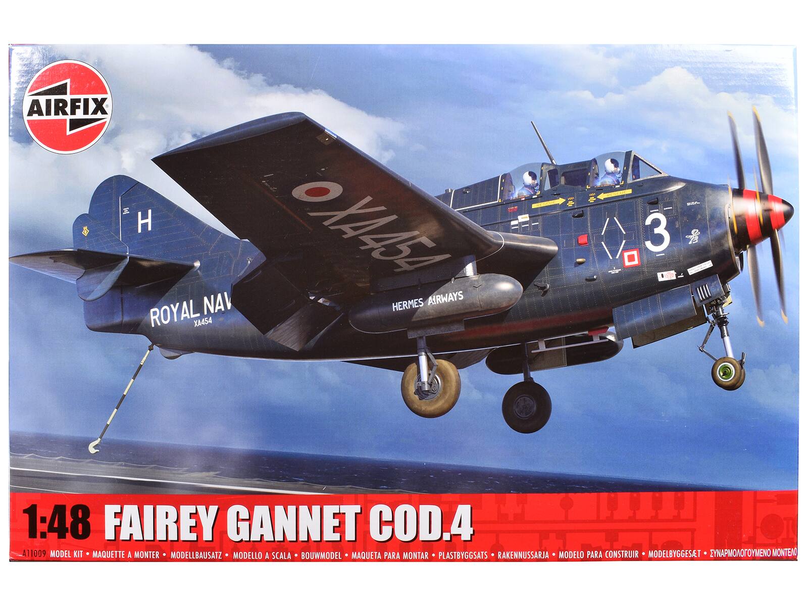 AIRFIX  
H  
OX454  
3  
ROYAL NAVY  
HERMES AIRWAYS  
XA454  

1:48  
FAIREY GANNET COD.4  
A11009  
MODEL KIT • MAQUETTE A MONTER • MODELLBAUSATZ • MODELLO A SCALA • BOUWMODEL • MAQUETA PARA MONTAR • PLASTBYGGATS • RAKENNUSSA • MODELO PARA CONSTRUIR • MODELBYGGESAT • ΣΥΝΑΠΟΙΟΜΕΝΟ ΜΟΝΤΕΝ