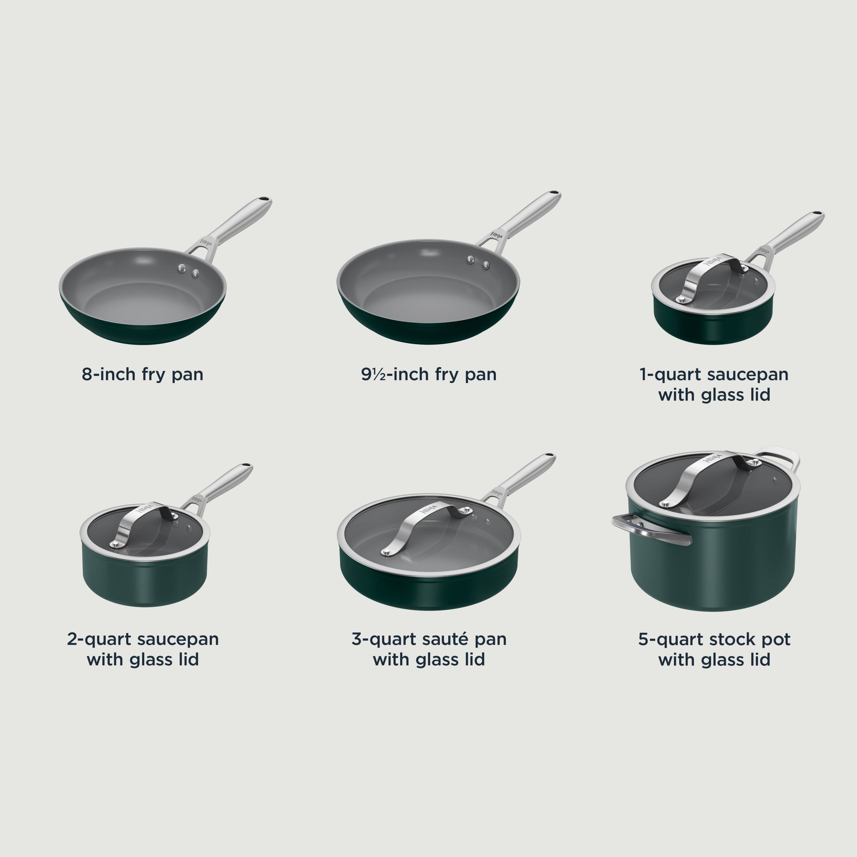 8-inch fry pan  
9½-inch fry pan  
1-quart saucepan with glass lid  
2-quart saucepan with glass lid  
3-quart sauté pan with glass lid  
5-quart stock pot with glass lid