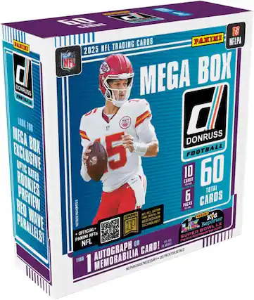 60 Cards Donruss Football 2025 NFL Trading Cards Mega Box. Look for Mega Box Exclusive Optic Rated Rookies Preview Red Wave Parallels! 10 Cards per Pack, 6 Packs per Box. Total 60 Cards. Official Panini NFTs. Find 1 Autograph or Memorabilia Card! No Purchase Necessary. See Pack for Details. Patrick Mahomes. Panini NFTs. Super Bowl Reporter.