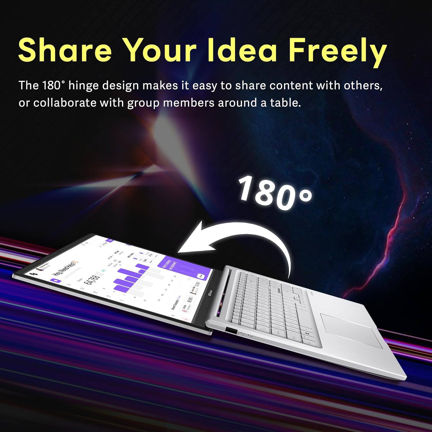 Share Your Idea Freely

The 180° hinge design makes it easy to share content with others, or collaborate with group members around a table.