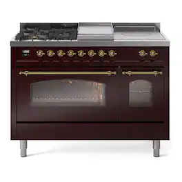 ILVE - Nostalgie II Series 48 in. Dual Fuel Range with 5 Sealed Burners + Griddle (Natural Gas, Brass Trim) - Burgundy