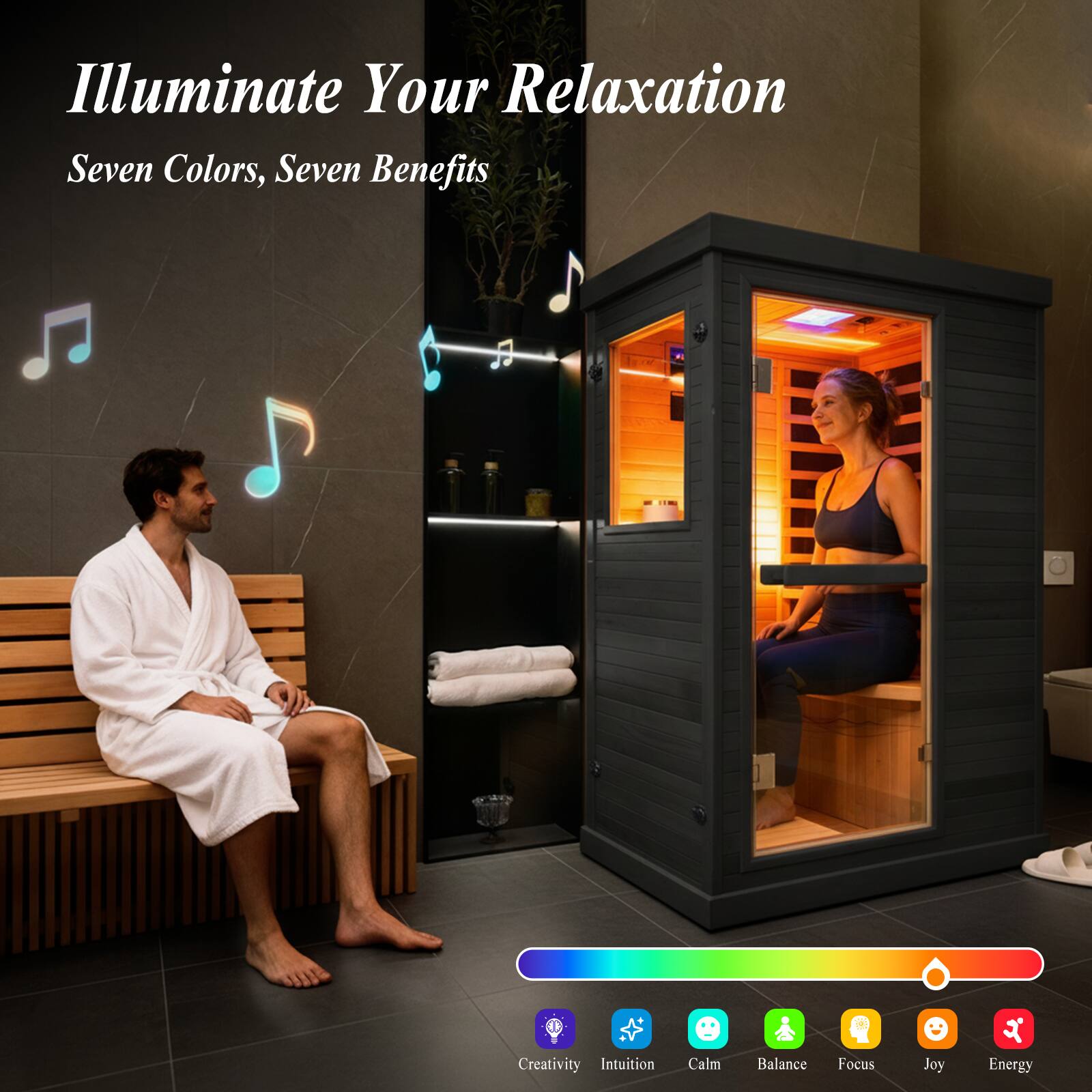 Illuminate Your Relaxation  
Seven Colors, Seven Benefits  

1. Creativity  
2. Intuition  
3. Calm  
4. Balance  
5. Focus  
6. Joy  
7. Energy