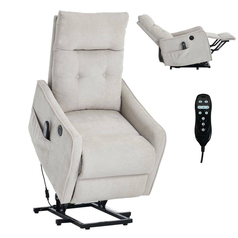 Left. Kadyn - Power Lift Recliner Chair, Single Motor Massage & Heat, USB Port, 155° Recline, Chenille Fabric, Beige - Beige.