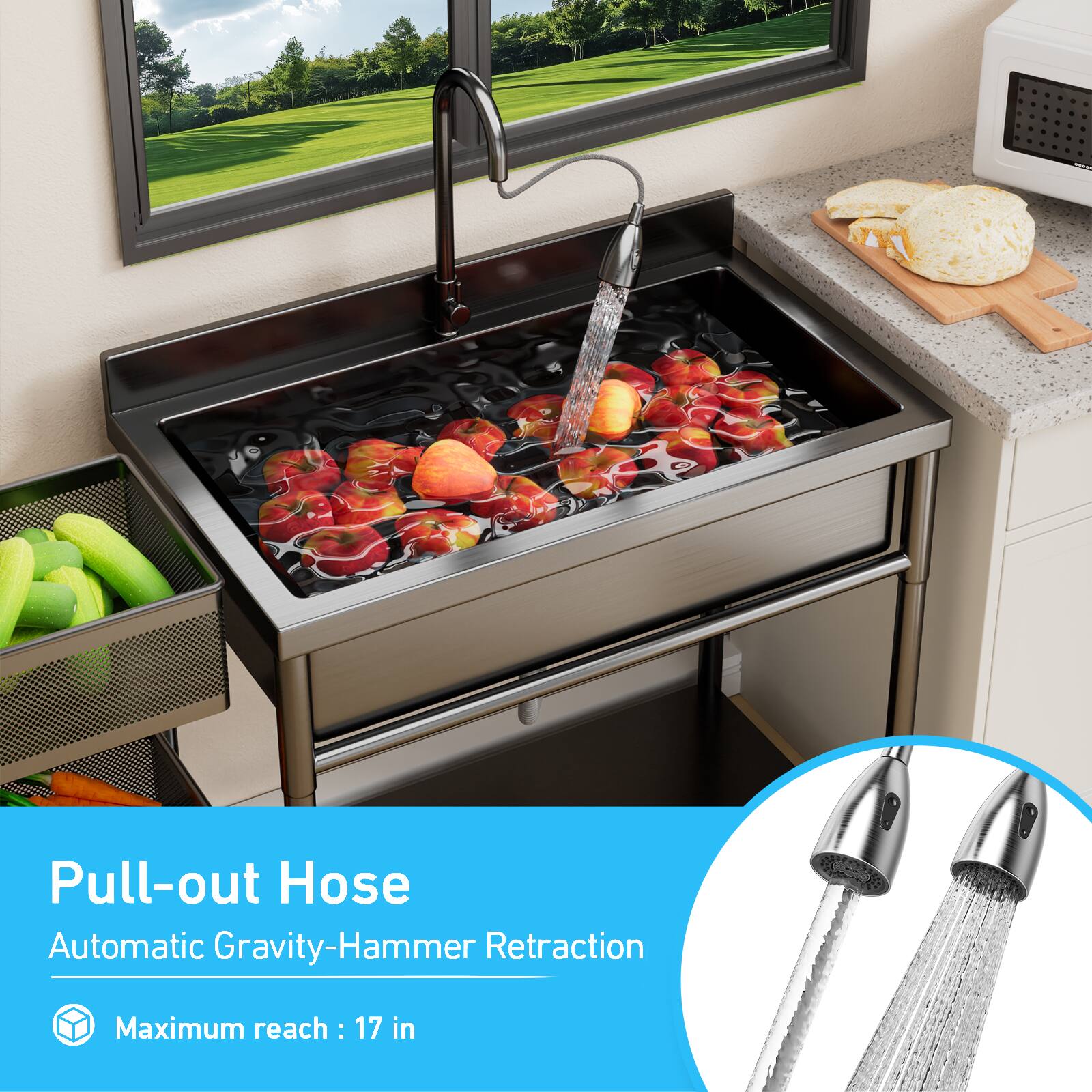 Pull-out Hose  
Automatic Gravity-Hammer Retraction  
Maximum reach: 17 in