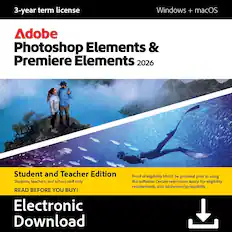 3-year term license
Windows + macOS
Adobe Photoshop Elements & Premiere Elements 2026
Student and Teacher Edition
Students, teachers, and school staff only
READ BEFORE YOU BUY!
Electronic Download
Proof of eligibility MUST be provided prior to using this software. Certain restrictions apply. For eligibility requirements, visit adobe.com/go/eligibility