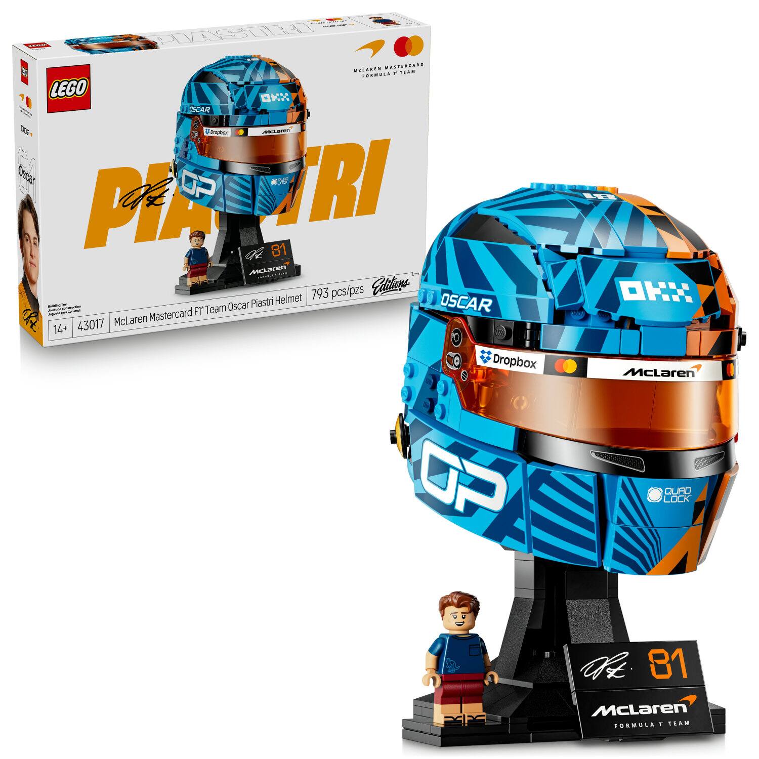 LEGO  
McLaren Mastercard F1 Team Oscar Piastri Helmet  
793 pcs/pzs  
14+  
43017  
Oscar  
Dropbox  
McLaren  
FORMULA 1 TEAM