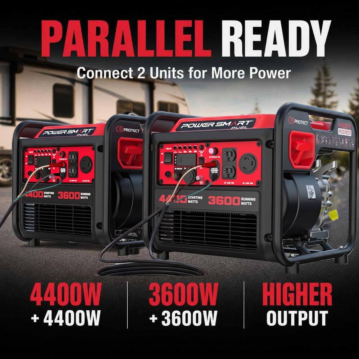 PARALLEL READY  
Connect 2 Units for More Power

POWER SM RT PURL  
PROTECT  
POWER SM RT PU2L  
PROTECT  
INSEMEOR  
MIT  
-  
8.95.8  
POLICE --  
SUG  
400 STARTING RUNKING NATTS 3600 MATTS  
4400 STARTING 3600 RUNNING MATTS MATTS  
4400W + 4400W  
3600W + 3600W  
HIGHER OUTPUT