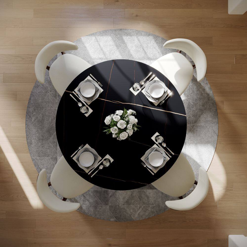 Alt View 2. POVISON - 51" Round Black Matte Sintered Stone Dining Table with Bronze U-shaped Steel Base - Black Matte Sintered Stone with Bronze Steel Base.