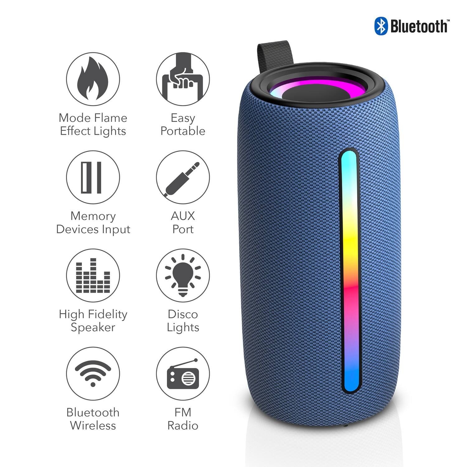 Bluetooth Mode Flame Effect Lights  
Easy Portable  
Memory Devices Input  
AUX Port  
High Fidelity Speaker  
Disco Lights  
Bluetooth Wireless  
FM Radio